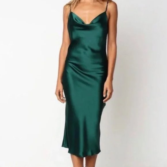 Zara Dresses Zara Emerald Green Silk Satin Slip Cowl Neck Dress Midi Large Poshmark 